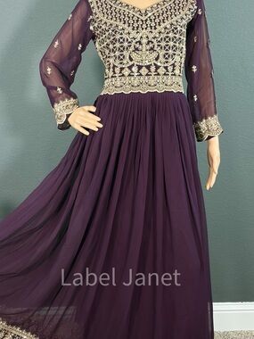 Purple Embroidered Long Sleeve Evening Dress (M upto L) Brand New